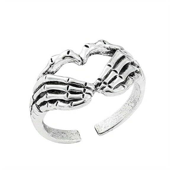 Skeleton Hands Heart Shape Adjustable Ring – Gothic Punk Jewelry for Men & Women