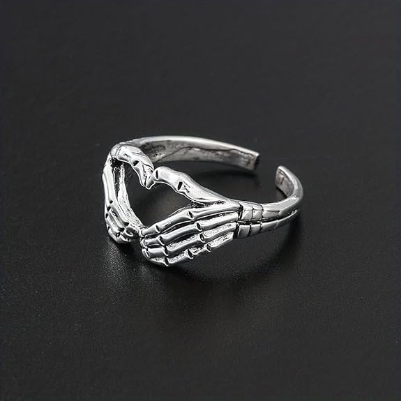 Skeleton Hands Heart Shape Adjustable Ring – Gothic Punk Jewelry for Men & Women
