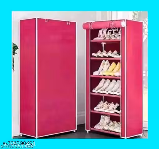 Jai bajrangbali store 6 Shelves Shoe Rack Plastic with Zip Door Cover & Side Pockets, Multiuse Storage Rack for Footwear, Toys, Clothes with Dustproof Cover ( 6 Shelves, Plastic) ( Pink 6 LAYER)