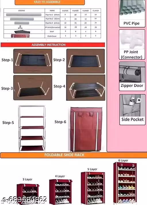 Jai bajrangbali store 6 Shelves Shoe Rack Plastic with Zip Door Cover & Side Pockets, Multiuse Storage Rack for Footwear, Toys, Clothes with Dustproof Cover ( 6 Shelves, Plastic) ( BLUE 6 LAYER)