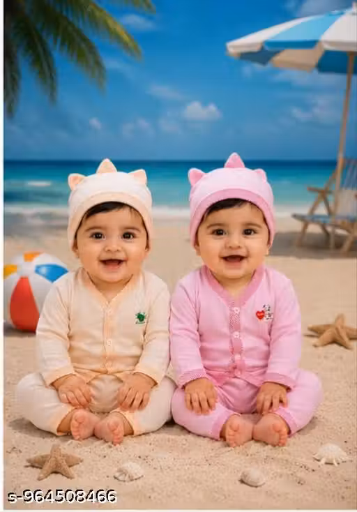 Newborn Baby Full Sleeve Front Open Clothing Set with Cap Combo Pack of 2 | Soft Hosiery Daily Wear for Baby Boys & Girls