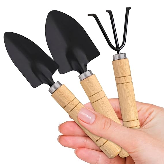 Green Snap Small Garden Tools - 3 Pcs Mini Garden Tools Set with Small Trowel, Mini Shovel & Hand Rake Made of Rust-Resistant Iron & Solid Wood - Indoor Gardening Tools Set for Pot Plants
