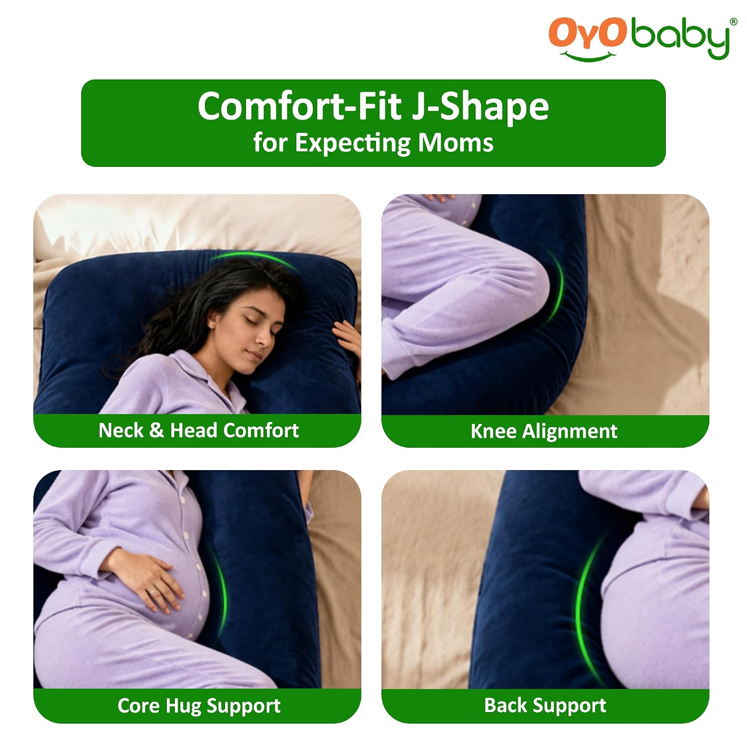 OYO BABY Pregnancy Pillows for Women J-Shape Full Body Pillow | 360° Maternity Support for Back, Hips, Legs & Belly | Maternity Pillow | Removable Washable Velvet Cover (Royal Blue)