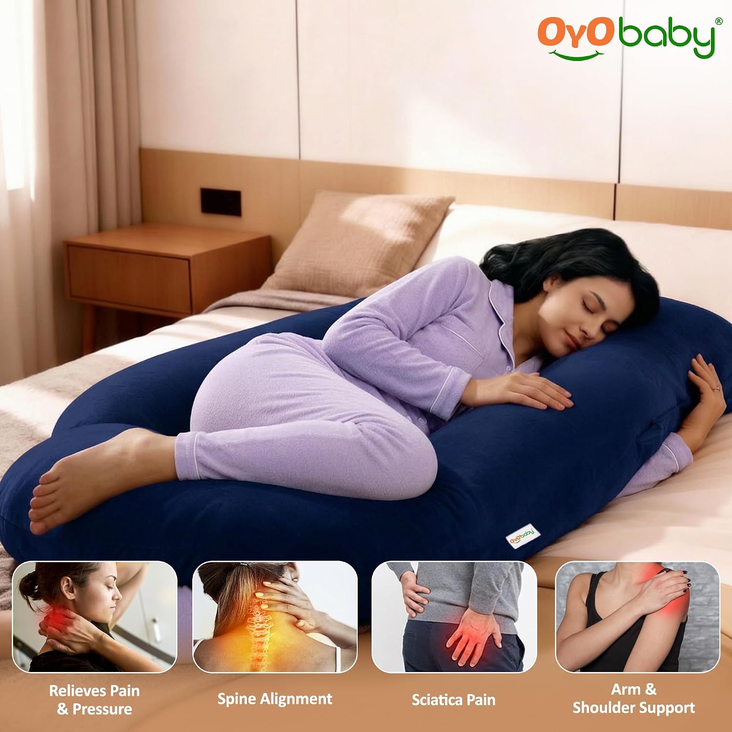 OYO BABY Pregnancy Pillows for Women J-Shape Full Body Pillow | 360° Maternity Support for Back, Hips, Legs & Belly | Maternity Pillow | Removable Washable Velvet Cover (Royal Blue)