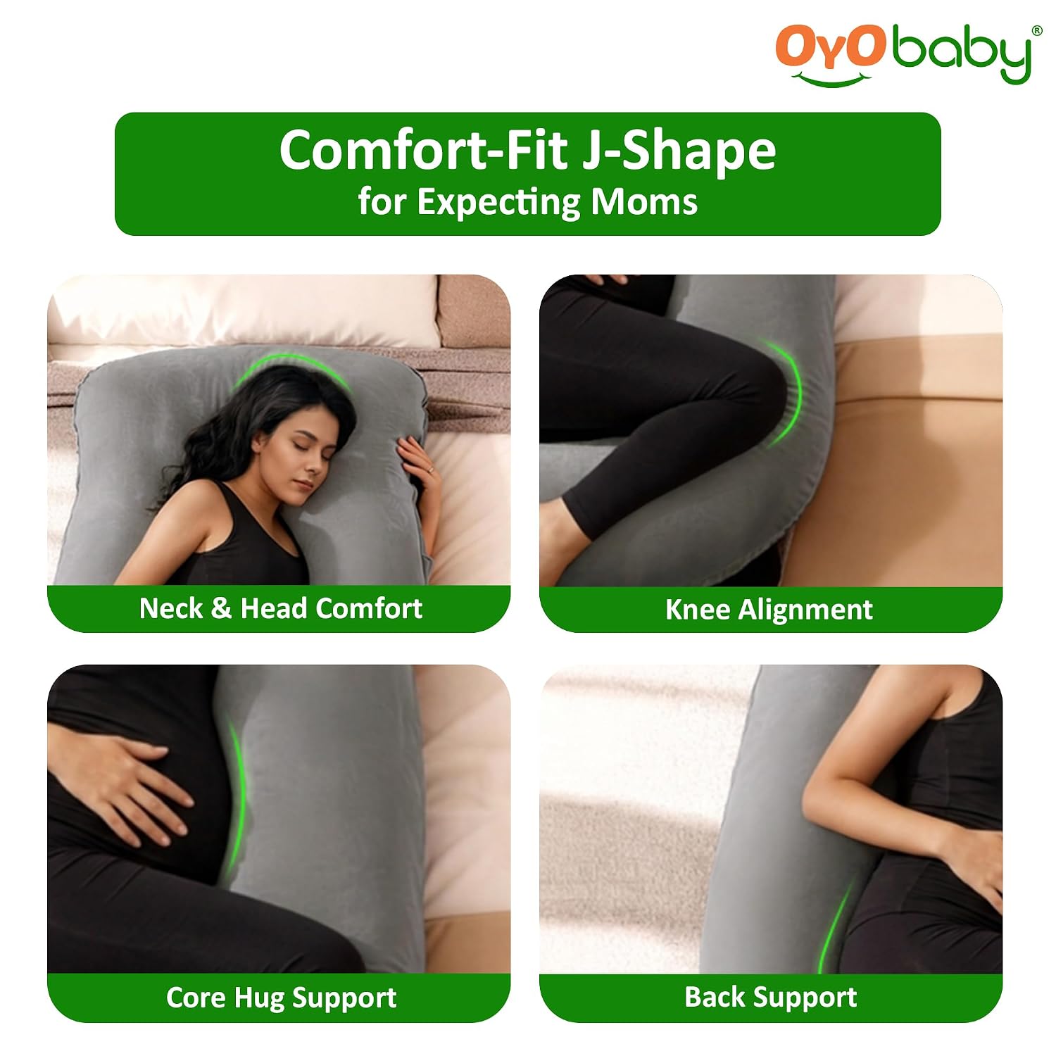 OYO BABY Maternity Pillows J-Shape Full Body Pillow | 360° Maternity Support for Back, Hips, Legs & Belly | Pregnancy Pillows for Women | Removable Washable Velvet Cover (Light Grey)