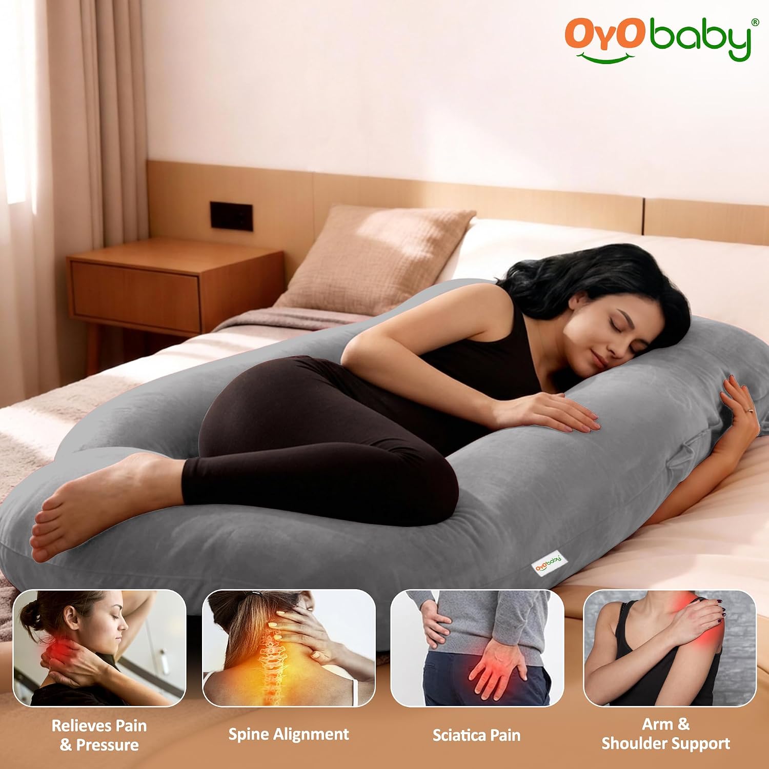 OYO BABY Maternity Pillows J-Shape Full Body Pillow | 360° Maternity Support for Back, Hips, Legs & Belly | Pregnancy Pillows for Women | Removable Washable Velvet Cover (Light Grey)