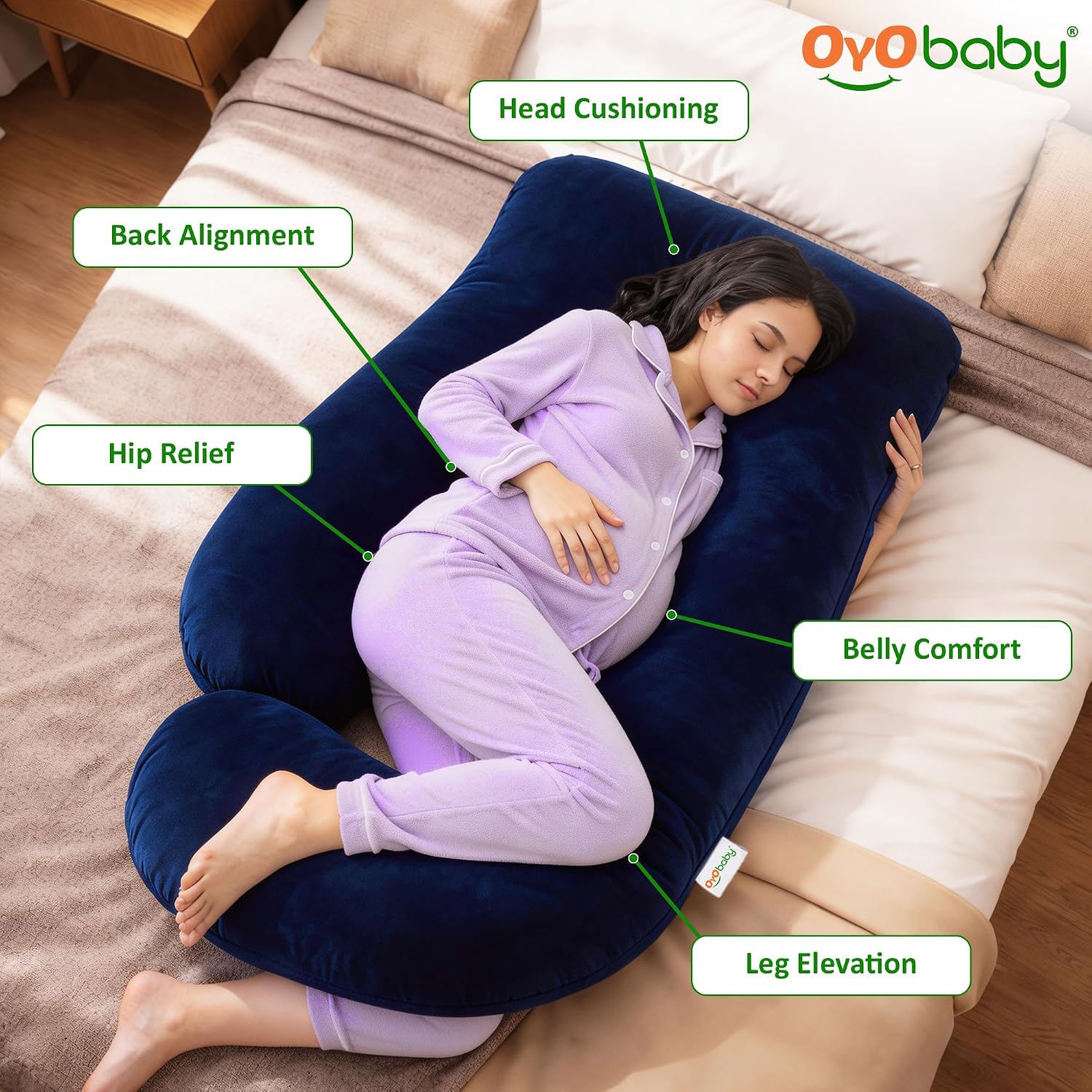 OYO BABY Pregnancy Pillows for Women J-Shape Full Body Pillow | 360° Maternity Support for Back, Hips, Legs & Belly | Maternity Pillow | Removable Washable Velvet Cover (Royal Blue)