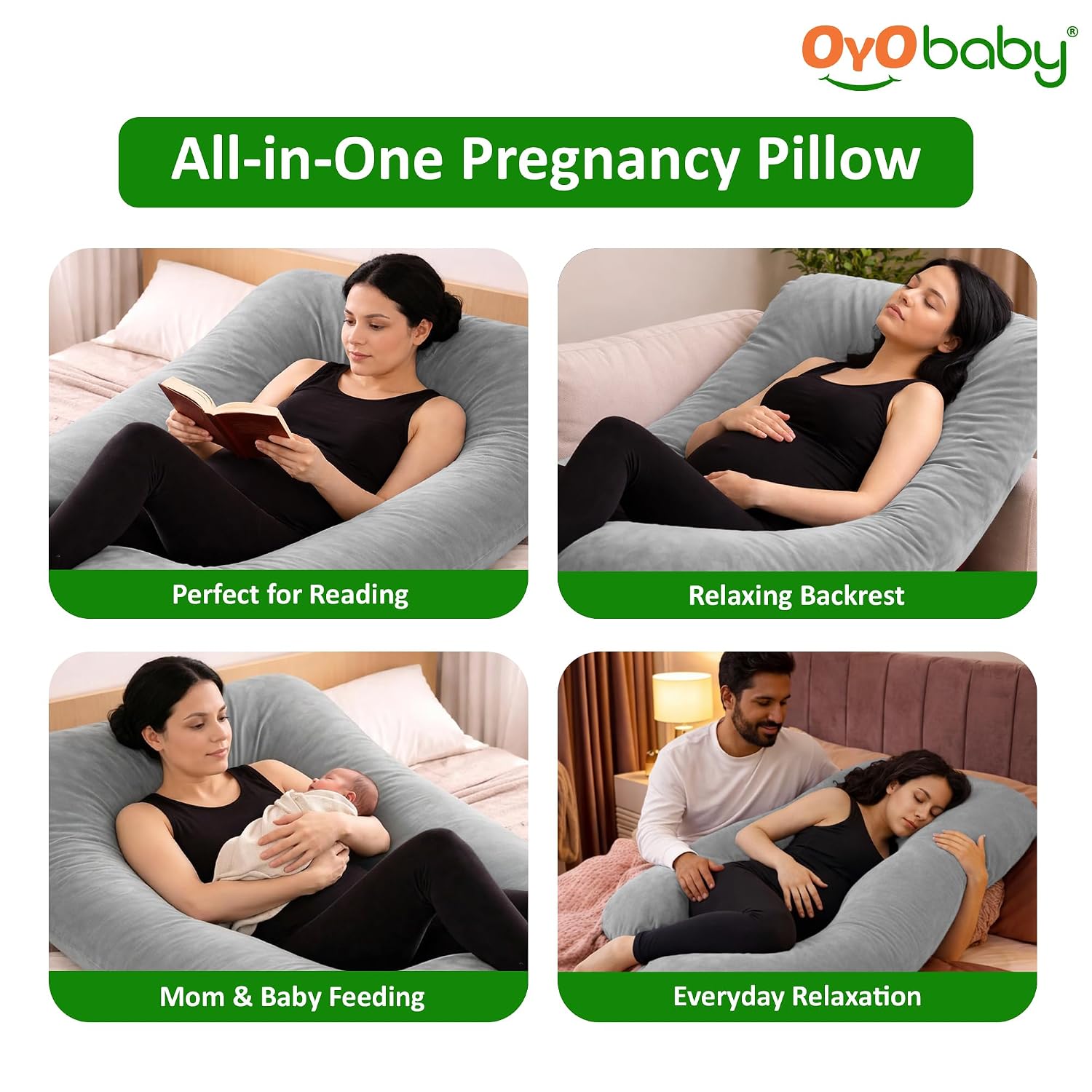 OYO BABY Maternity Pillows J-Shape Full Body Pillow | 360° Maternity Support for Back, Hips, Legs & Belly | Pregnancy Pillows for Women | Removable Washable Velvet Cover (Light Grey)