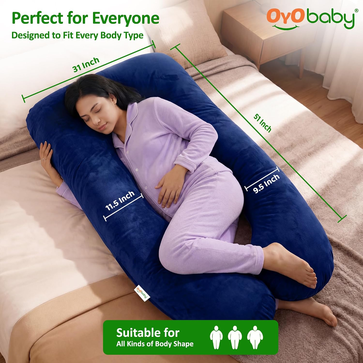 OYO BABY Pregnancy Pillows for Women U-Shape Full Body Pillow | Head-to-Toe Maternity Support for Back, Hips, Legs & Belly | Removable Washable Velvet Cover (Royal Blue)