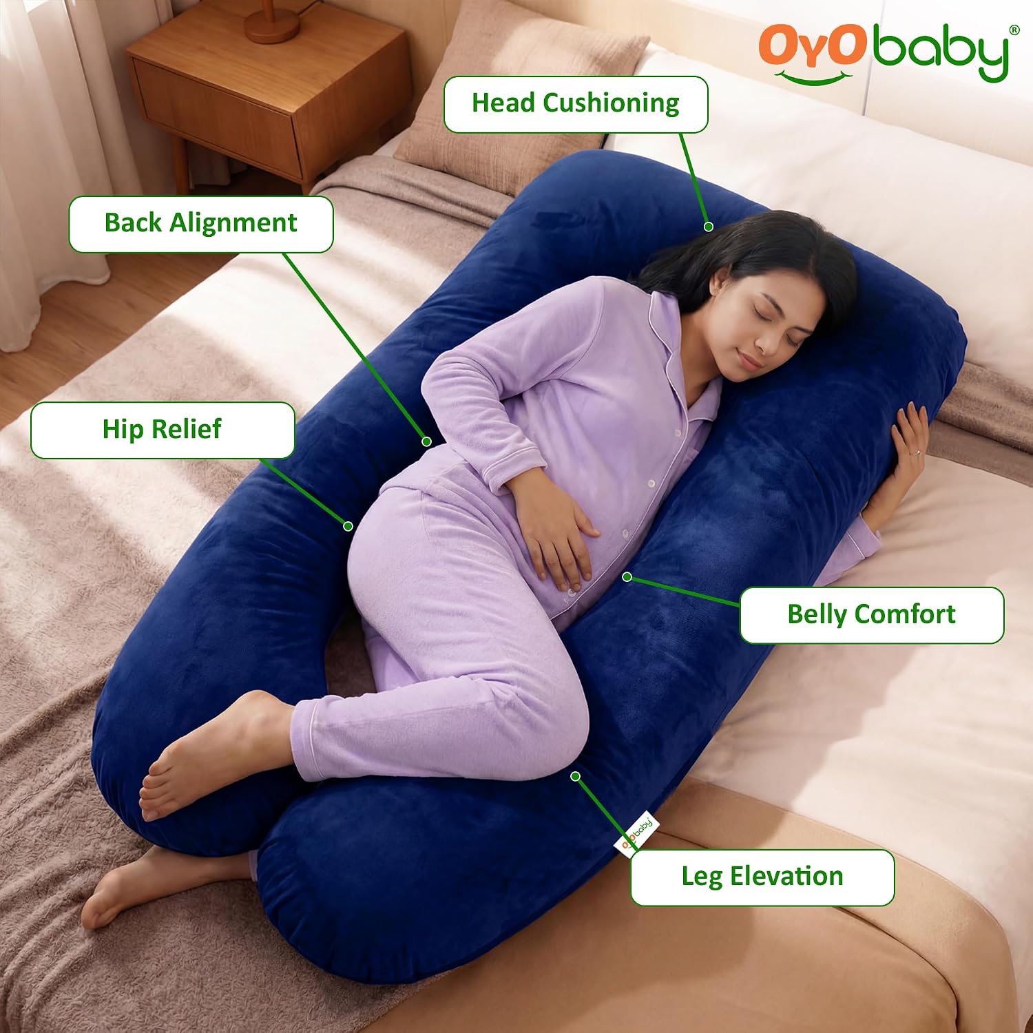 OYO BABY Pregnancy Pillows for Women U-Shape Full Body Pillow | Head-to-Toe Maternity Support for Back, Hips, Legs & Belly | Removable Washable Velvet Cover (Royal Blue)