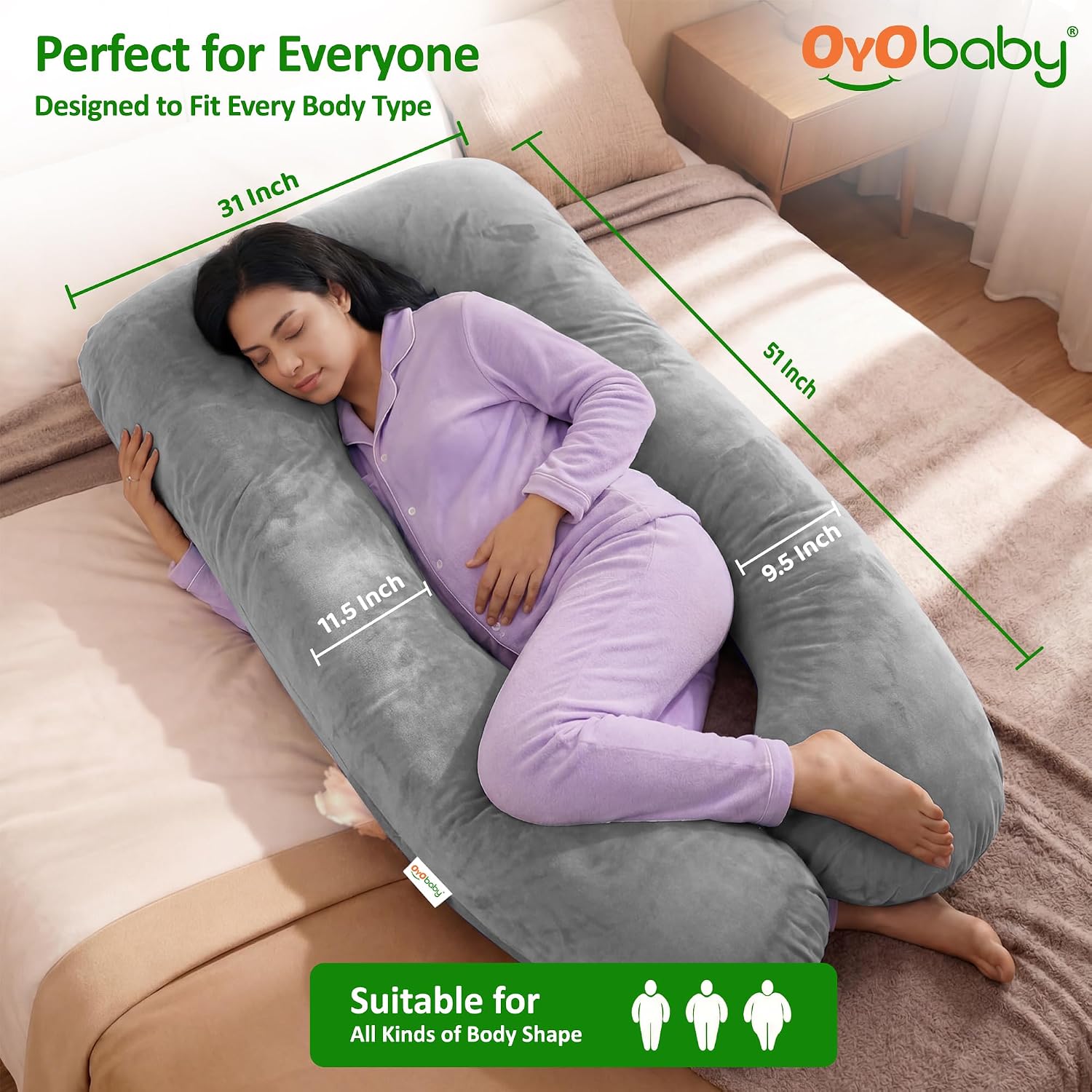 OYO BABY Pregnancy Pillows for Sleeping U-Shape Full Body Pillow | Head-to-Toe Maternity Support for Back, Hips, Legs & Belly | Removable Washable Velvet Cover (Light Grey)