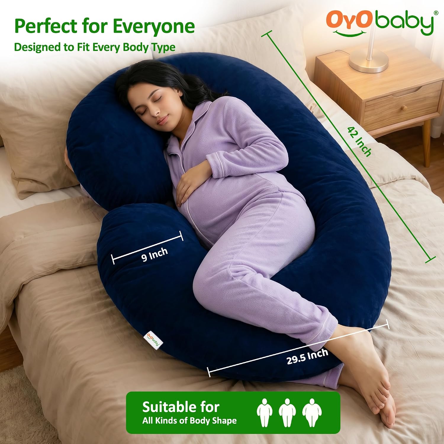 OYO BABY Pregnancy Pillow for Women C-Shape Full Body Pillow | Complete Support for Head, Back, Belly, Hips & Legs | Maternity Pillow with Removable Washable Velvet Cover (Royal Blue)