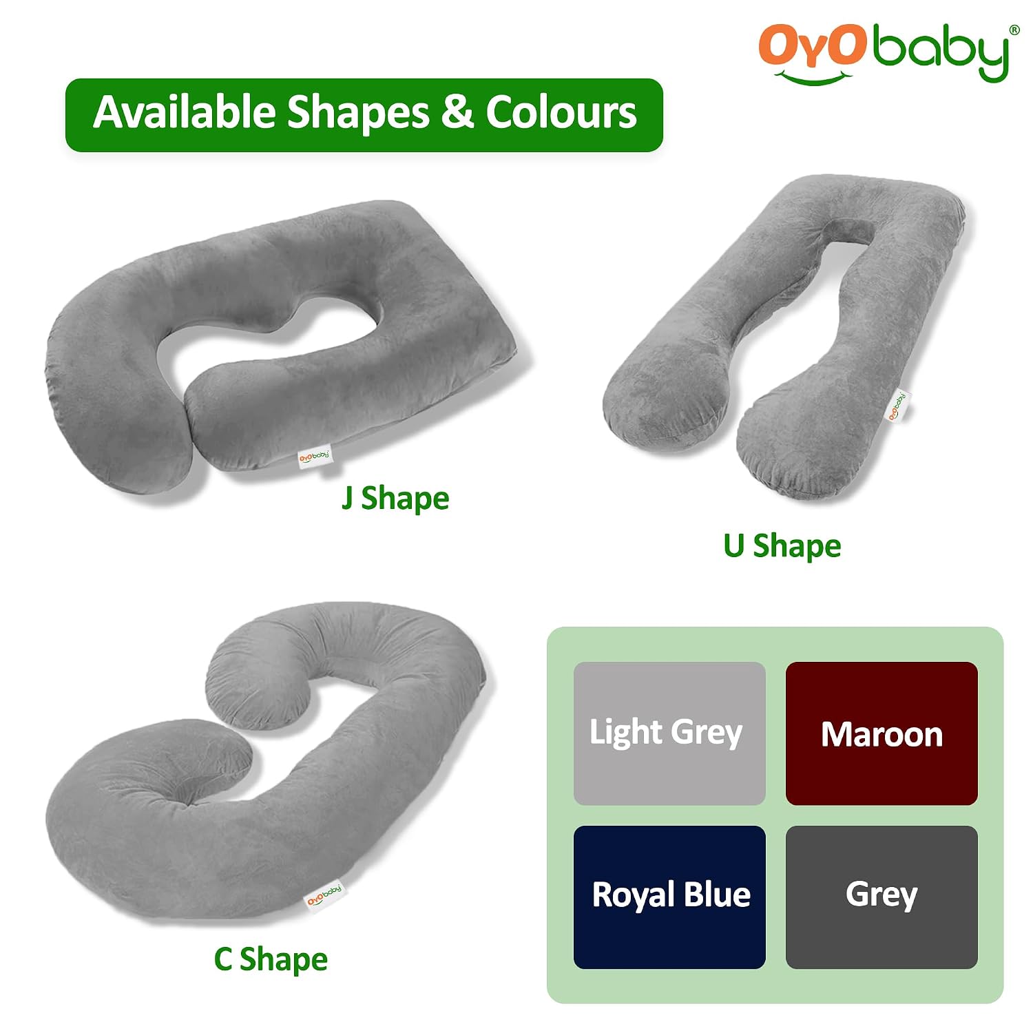 OYO BABY Pregnancy Pillows for Sleeping U-Shape Full Body Pillow | Head-to-Toe Maternity Support for Back, Hips, Legs & Belly | Removable Washable Velvet Cover (Light Grey)