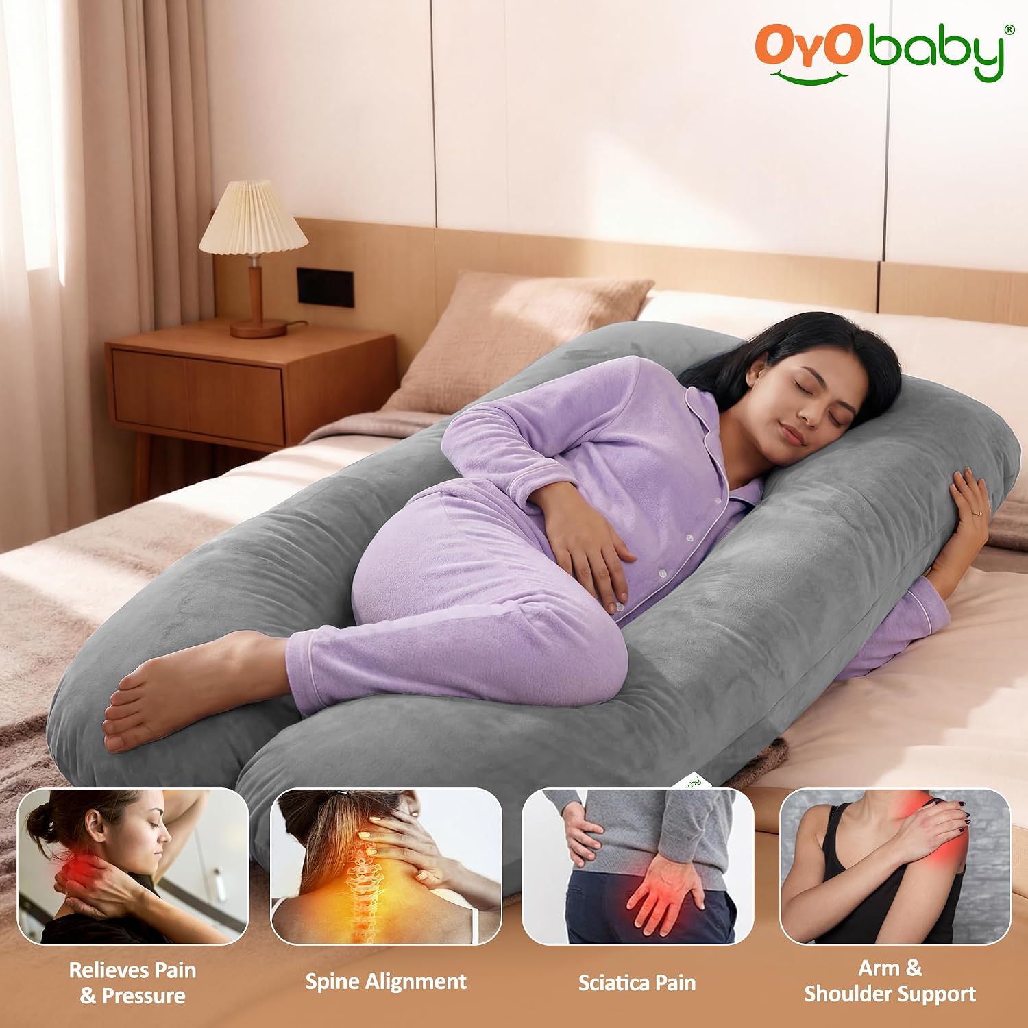OYO BABY Pregnancy Pillows for Sleeping U-Shape Full Body Pillow | Head-to-Toe Maternity Support for Back, Hips, Legs & Belly | Removable Washable Velvet Cover (Light Grey)