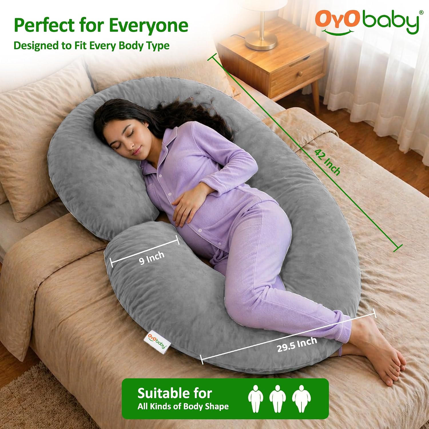 OYO BABY C-Shaped Pregnancy Pillow for Women | Full Body Maternity Support Pillow for Sleeping | Side Sleeper Pillow for Back, Belly, Hips & Legs | Soft Velvet Cover, Removable & Washable (Light Grey)