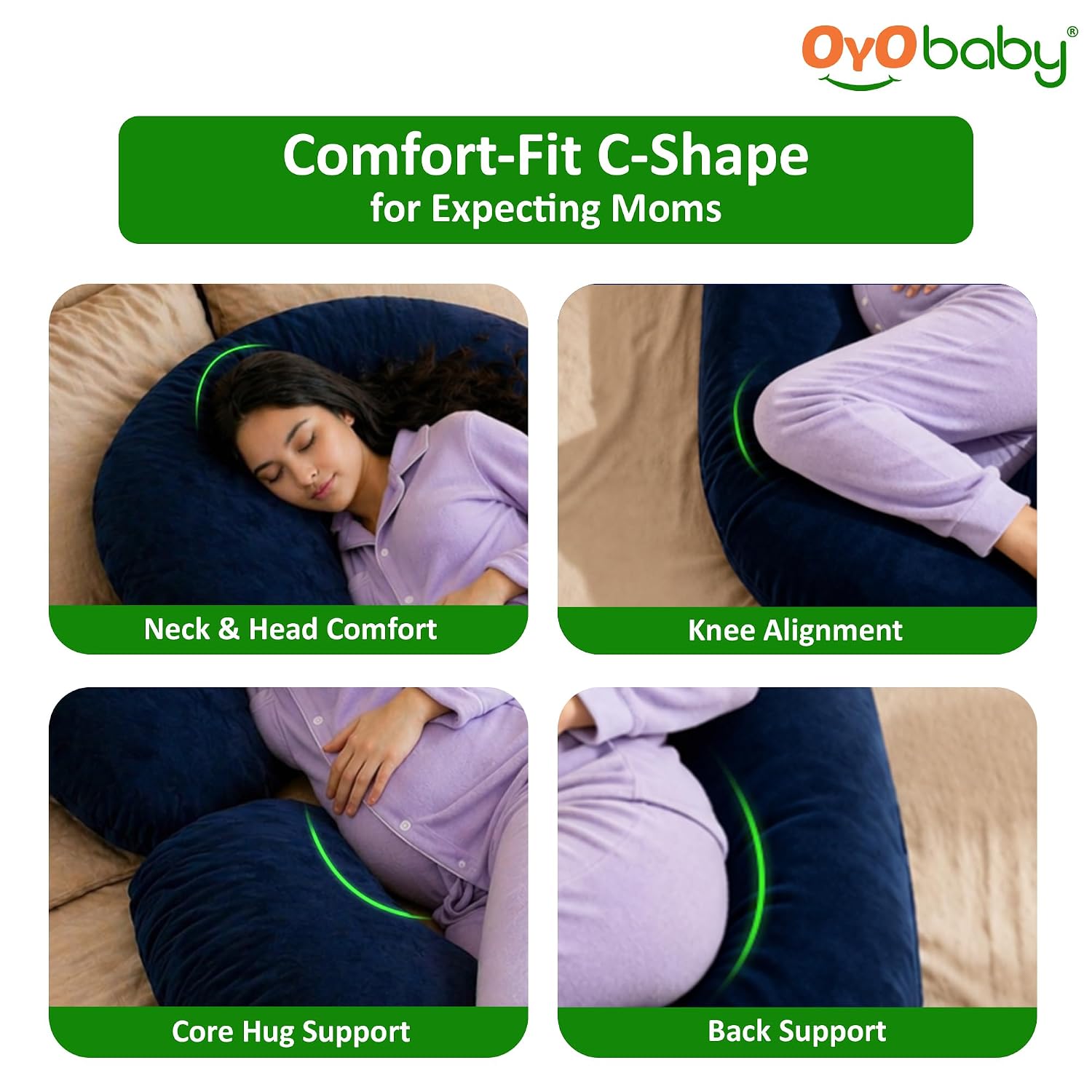 OYO BABY Pregnancy Pillow for Women C-Shape Full Body Pillow | Complete Support for Head, Back, Belly, Hips & Legs | Maternity Pillow with Removable Washable Velvet Cover (Royal Blue)