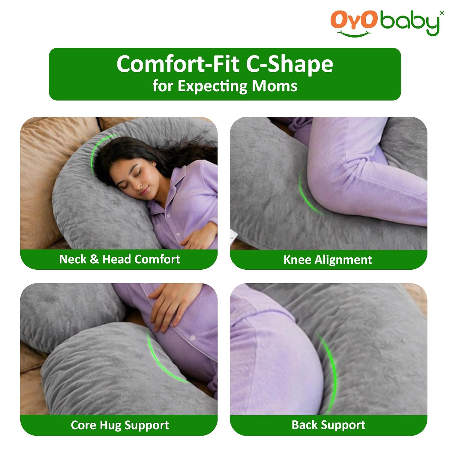 OYO BABY C-Shaped Pregnancy Pillow for Women | Full Body Maternity Support Pillow for Sleeping | Side Sleeper Pillow for Back, Belly, Hips & Legs | Soft Velvet Cover, Removable & Washable (Light Grey)