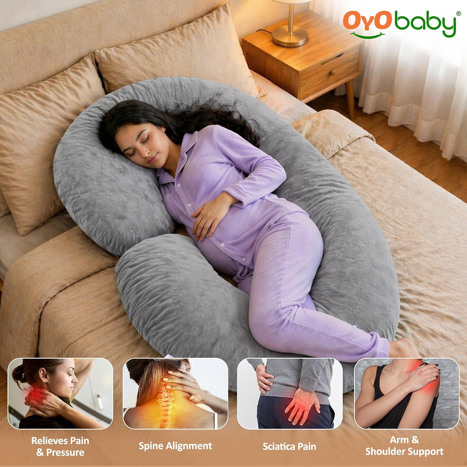 OYO BABY C-Shaped Pregnancy Pillow for Women | Full Body Maternity Support Pillow for Sleeping | Side Sleeper Pillow for Back, Belly, Hips & Legs | Soft Velvet Cover, Removable & Washable (Light Grey)