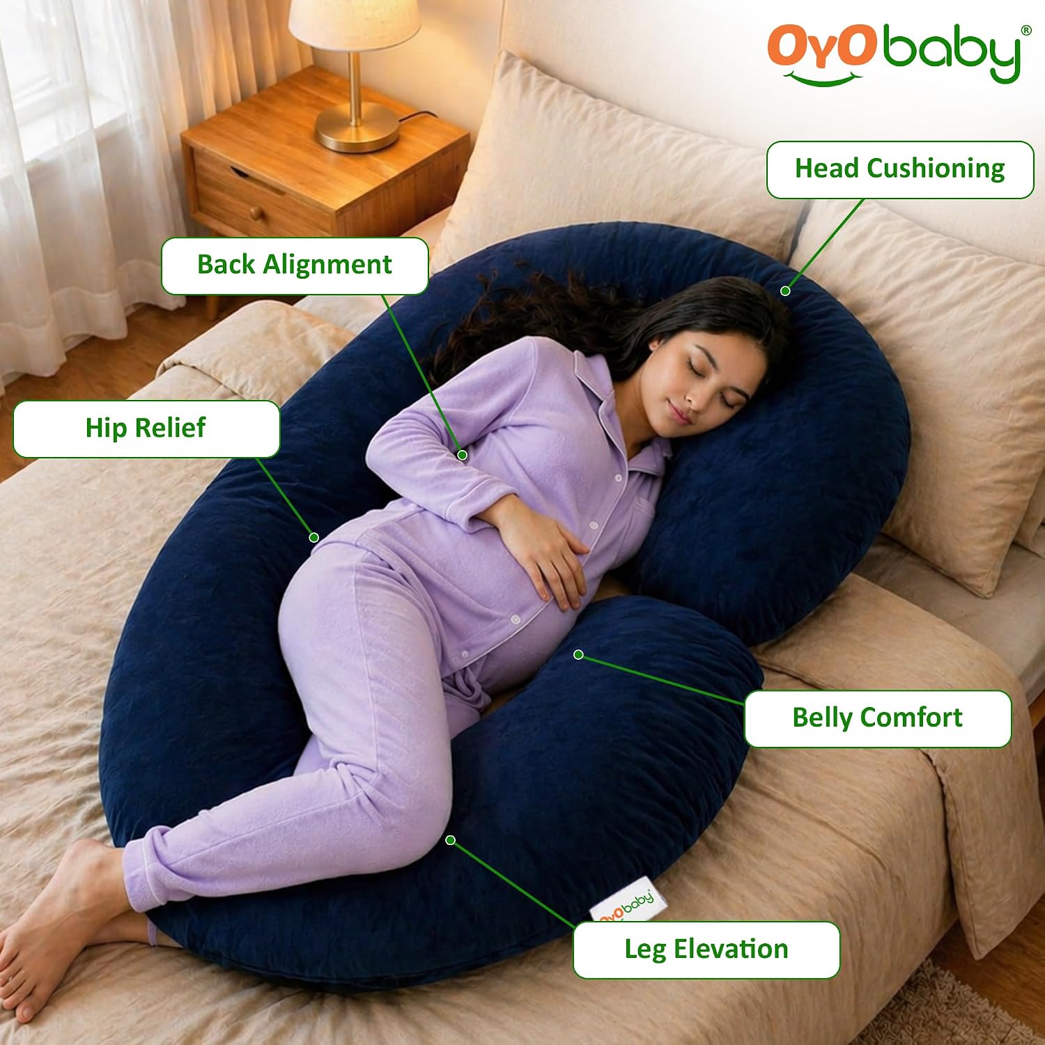 OYO BABY Pregnancy Pillow for Women C-Shape Full Body Pillow | Complete Support for Head, Back, Belly, Hips & Legs | Maternity Pillow with Removable Washable Velvet Cover (Royal Blue)