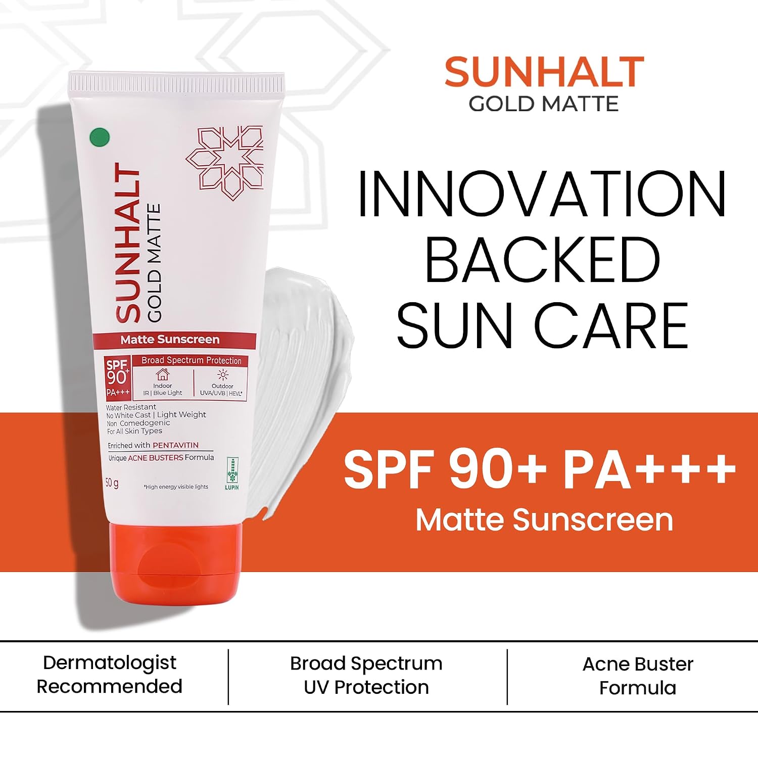 GOLD MATTE Sunscreen SPF 90+ PA+++ for UV/HEVL/IR/Blue Light Broad Spectrum Protection, With Acne Busters, Combats Acne and Oil, Matte Finish, Dermatologically Tested, For All Skin Types, 50g