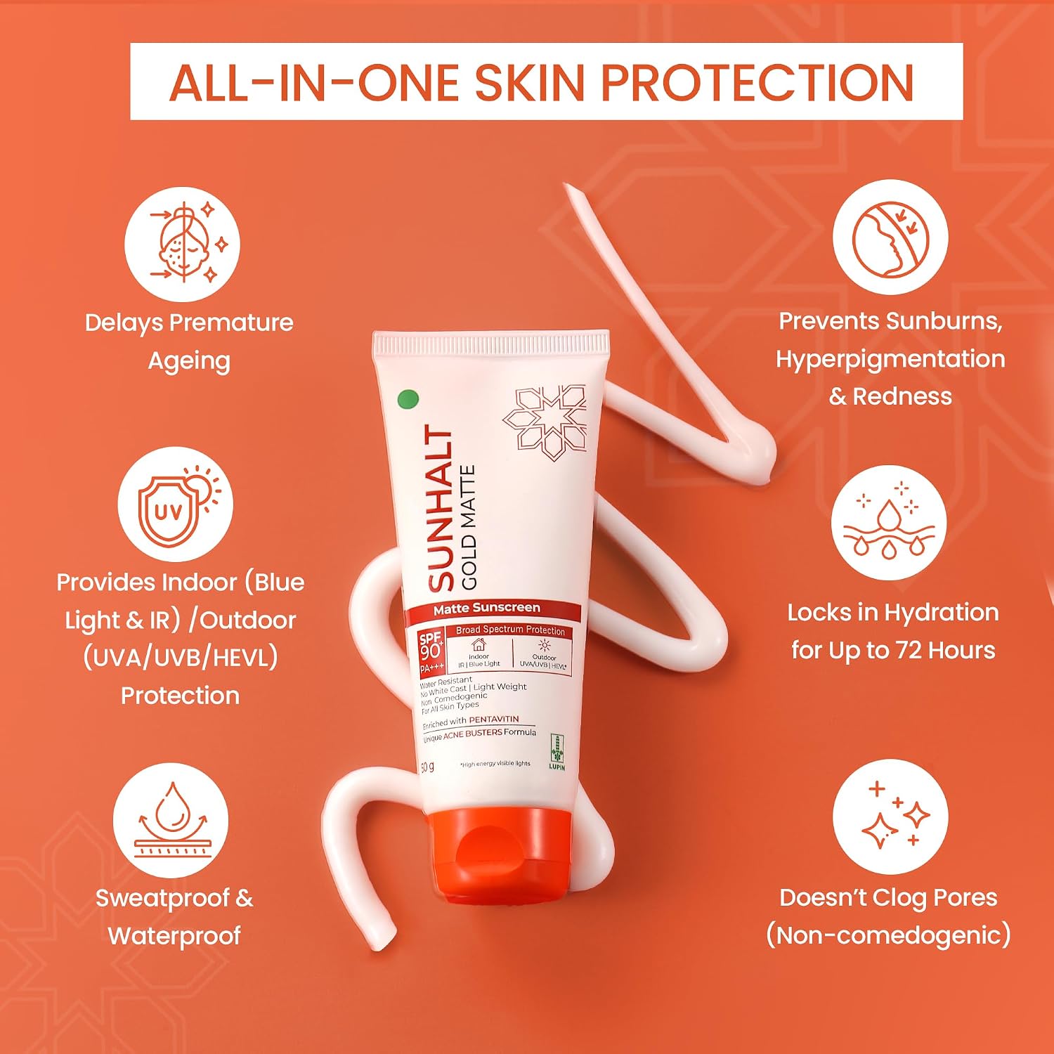 GOLD MATTE Sunscreen SPF 90+ PA+++ for UV/HEVL/IR/Blue Light Broad Spectrum Protection, With Acne Busters, Combats Acne and Oil, Matte Finish, Dermatologically Tested, For All Skin Types, 50g