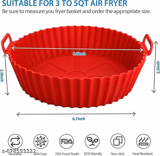 Air Fryer Silicone Tray Liners | Round Non-Stick Silicone Basket with Ear Handles | Reusable Heat Resistant Baking Tray | Multicolour (8 Inch, Pack of 2)