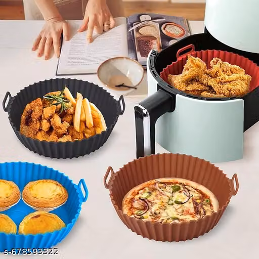 Air Fryer Silicone Tray Liners | Round Non-Stick Silicone Basket with Ear Handles | Reusable Heat Resistant Baking Tray | Multicolour (8 Inch, Pack of 2)