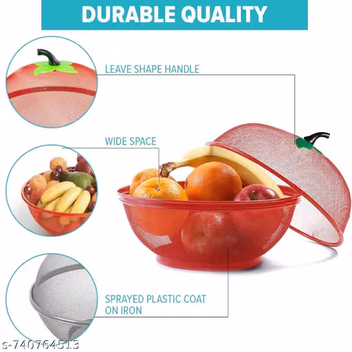 Stainless Steel Apple Shape Net Fruit & Vegetable Basket with Protective Net Cover | Large Kitchen Countertop Produce Storage Basket for Fruits & Vegetables (Red)
