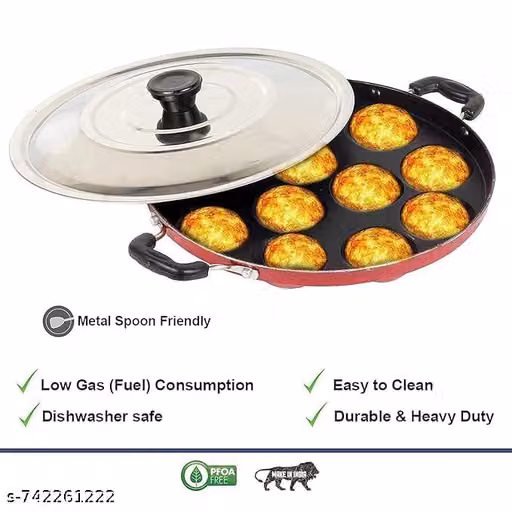 Non Stick Appe Pan with 12 Cavity Aluminium Cookware with Steel Lid Spatula and Oil Brush | appam maker pan | appam tawa | paniyaram tawa | cavity cooking pan | appam pan set | appam pan red | appam pan black | paniyaram cooking pan | appam pan with spatu