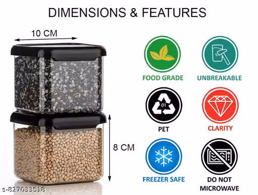 Unbreakable Air Tight Square Plastic Containers Set 4 for Kitchen Storage 500ml Kitchen Container, BPA Free Storage Containers, Plastic Grocery (Black, 4)