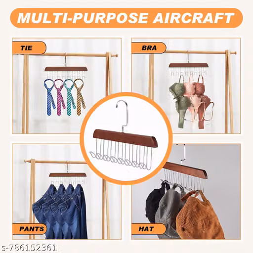 Wooden Hanger Multipurpose Adjustable 8 Hooks Closet Wooden Hanger for Clothes Hanging Rack, Wardrobe Accessories Lingerie, Belts, Scarfs Tops, Bras and Ties Organizer Space Saving Storage Hanger for Wardrobe and Cupboard (8 Hook, Pack of 1)