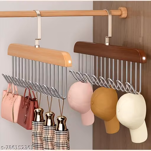 Wooden Hanger Multipurpose Adjustable 8 Hooks Closet Wooden Hanger for Clothes Hanging Rack, Wardrobe Accessories Lingerie, Belts, Scarfs Tops, Bras and Ties Organizer Space Saving Storage Hanger for Wardrobe and Cupboard (8 Hook, Pack of 1)