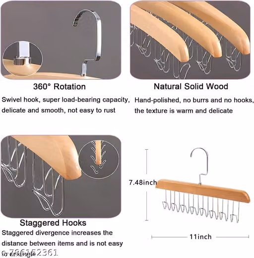 Wooden Hanger Multipurpose Adjustable 8 Hooks Closet Wooden Hanger for Clothes Hanging Rack, Wardrobe Accessories Lingerie, Belts, Scarfs Tops, Bras and Ties Organizer Space Saving Storage Hanger for Wardrobe and Cupboard (8 Hook, Pack of 1)