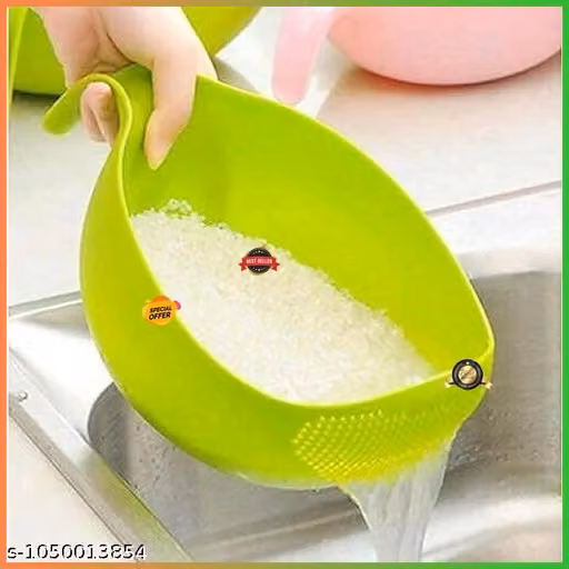 Deal Plastic Rice Washing Bowl with Strainer, Green, 11x6x5 inch, Kitchen Colander with Handle