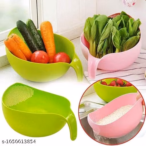 Deal Plastic Rice Washing Bowl with Strainer, Green, 11x6x5 inch, Kitchen Colander with Handle