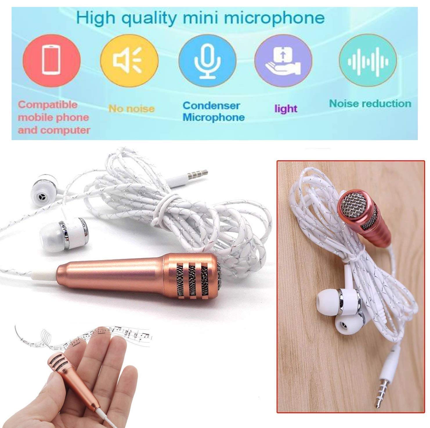 Mini Condenser Microphone Stereo Noise Cancelling Mic with Earphone for Voice Recording,Chatting Compatible for All Smartphones,All Tablets