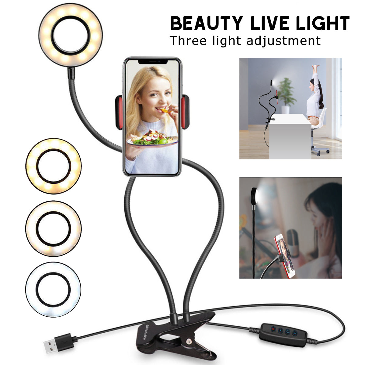 Metal Ring Light with Stand Cell Phone Holder for Live Stream Makeup Selfie Recording Lighting with Flexible Metal Arm and Clip Table lamp, Video recording