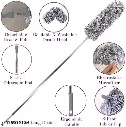 Long Handle Microfiber Feather Fan Ceiling Duster for Dust Cleaning with extendable Pole 100 Inch with Anti Scratch Bendable Brush for Cleaning High roof Cobweb Stick | Grey