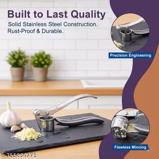 Stainless Steel Hand Press Garlic Crusher for Kitchen Cooking | Multi-Function Manual Pressed Mincer Cutter for Garlic & Ginger | Easy to Squeeze & Clean for Kitchen (Silver)