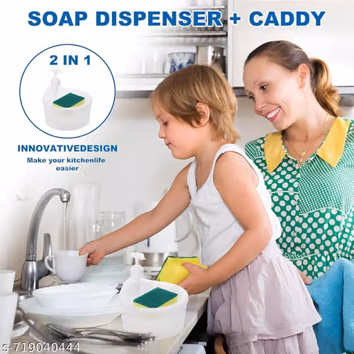 Double Layer Soap Dispenser with 2 Sponges for Bathroom Accessories Dishwasher Liquid Holder Liquid Dispenser Pump with Sponge Holder Kitchen Sink Accessories Items (Transparent)