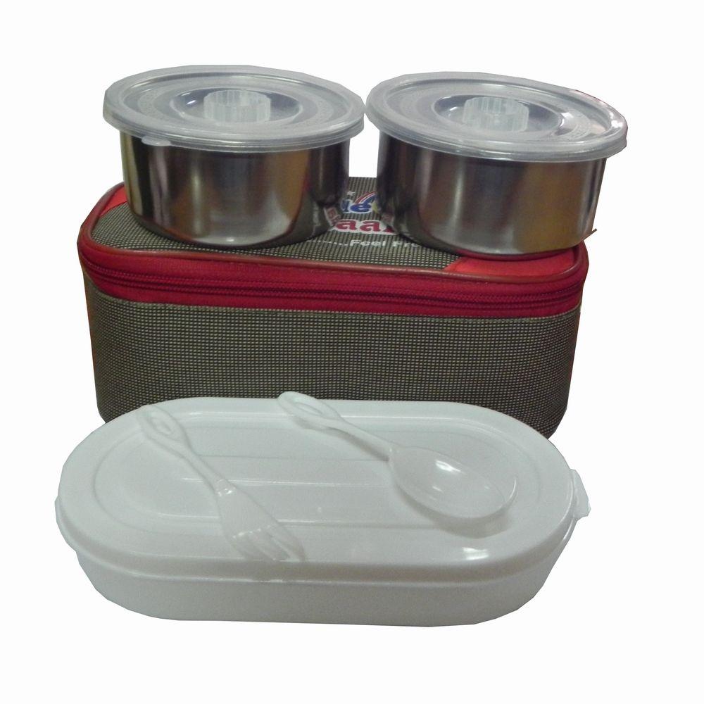 Insulated bag Lunch Box With 2 Stainless steel and 1 Plastic compartment