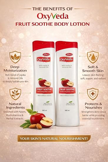OxyVeda Fruit Soothe Moisturizing Body Lotion 500ml (Pack of 2) with Jojoba & Almond Oils | Deep Hydration | Soft & Smooth Skin | For All Skin Types | Daily Use Lotion