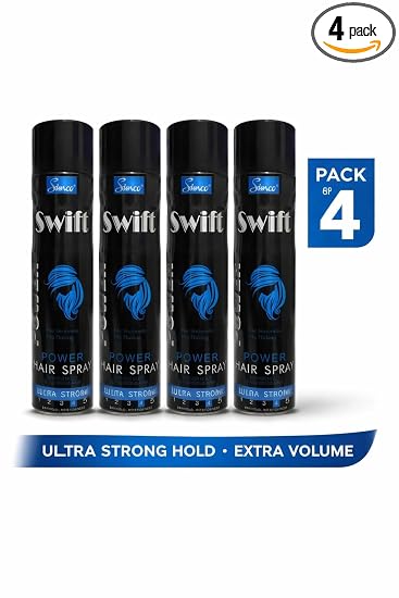 Simco Swift Ultra Strong Power Hair Spray (Combo Pack of 4, 250ml each) | No Flocking, No Stickiness, Strong Hold | Best Hair Spray for Men & Women
