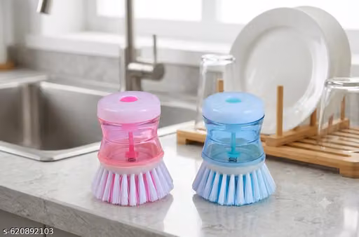 Pack of 2 Liquid Soap Dispensing Palm Scrub Brush | Refillable Dishwashing Scrubbing Brush with Storage Reservoir | Ergonomic Press-to-Dispense Kitchen Sink Cleaner Scrubber for Pots, Pans, Dishes & Utensils