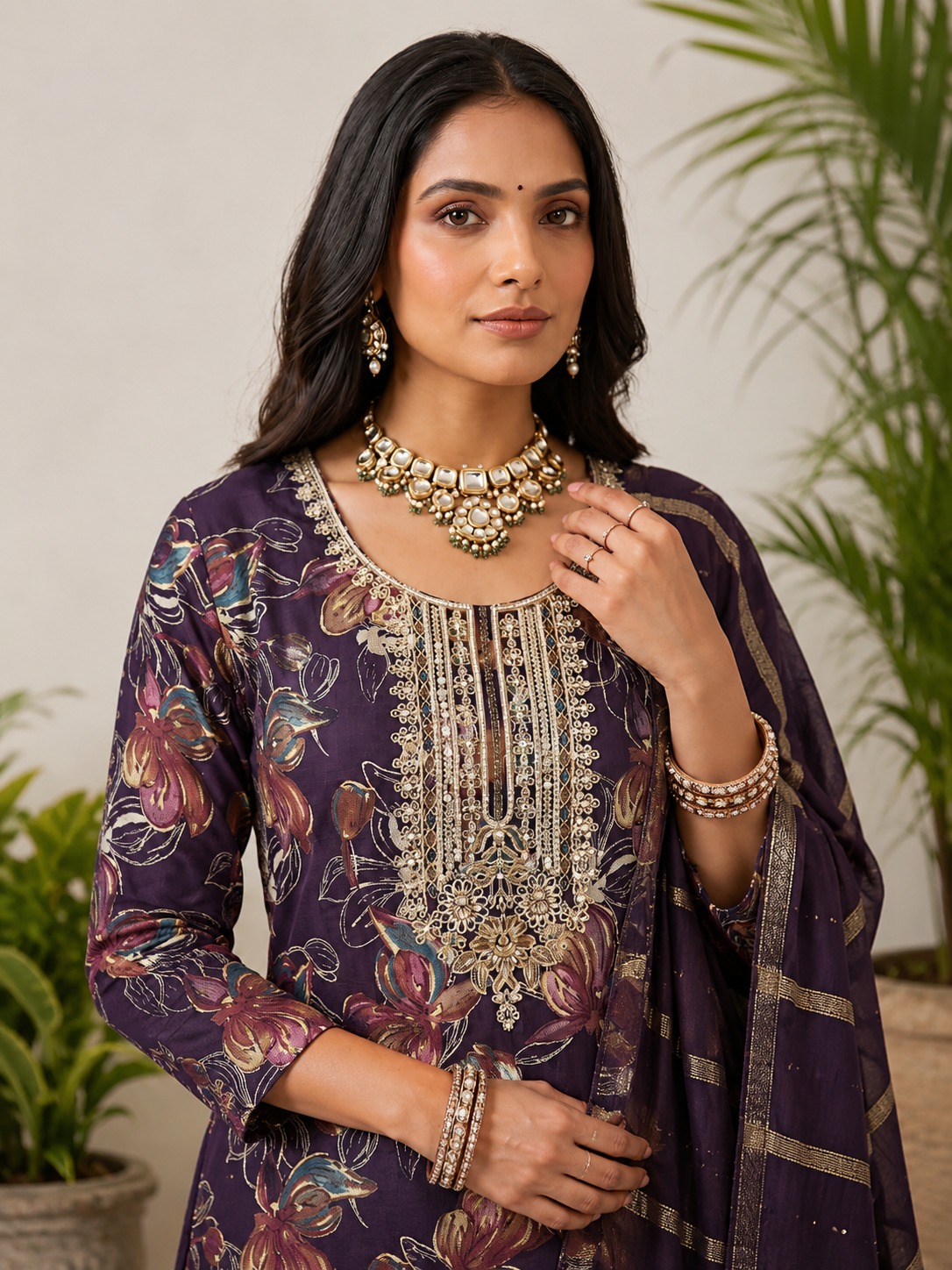 Women’s Royal Purple Floral Embroidered Kurta Set with Dupatta