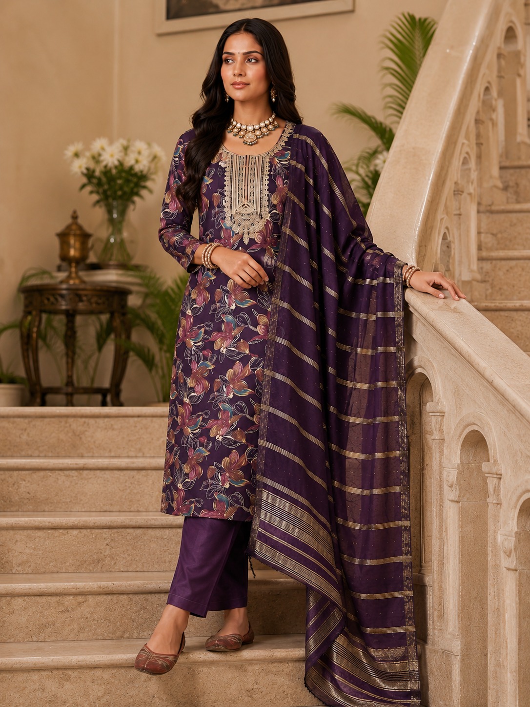 Women’s Royal Purple Floral Embroidered Kurta Set with Dupatta