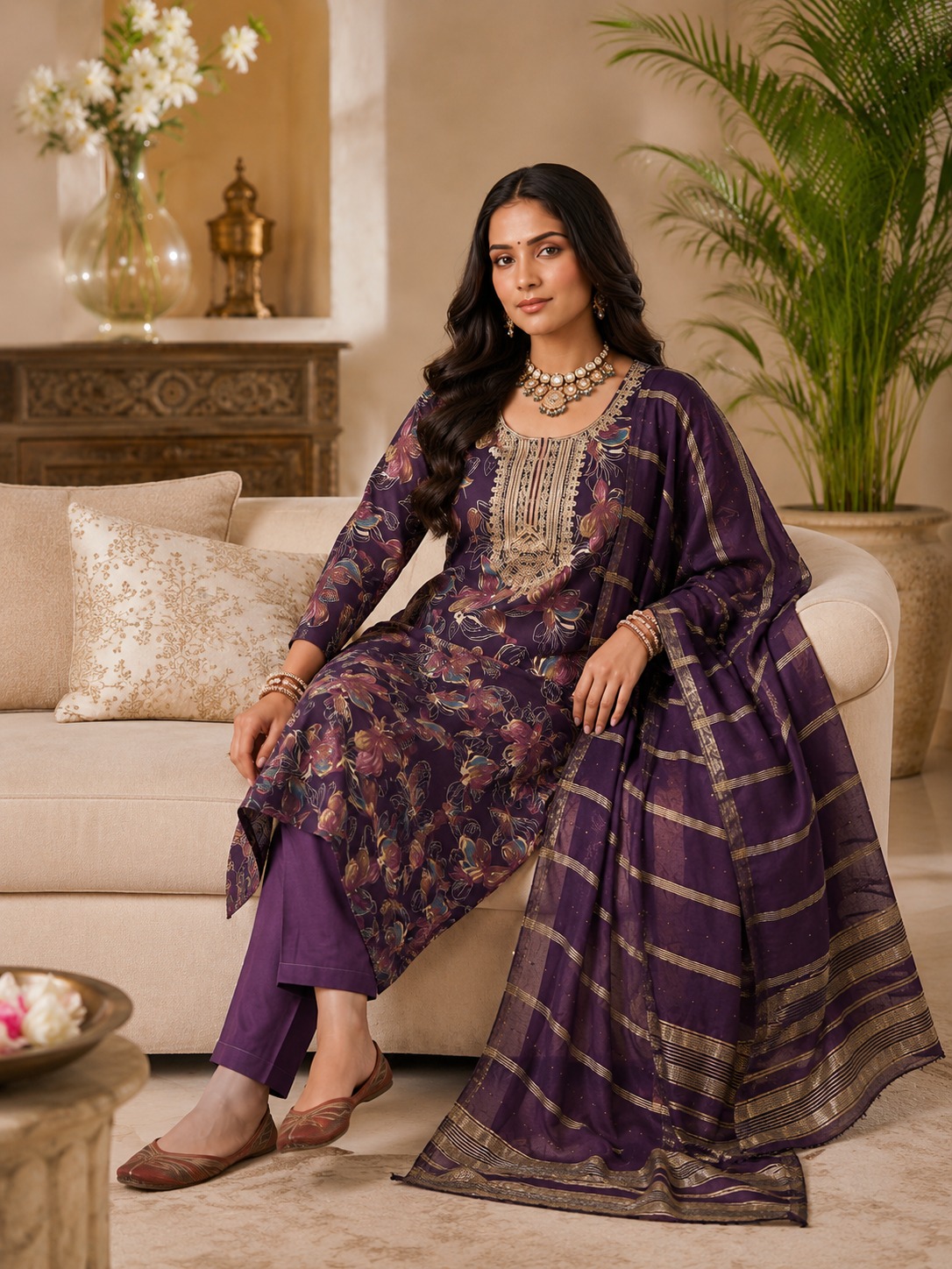 Women’s Royal Purple Floral Embroidered Kurta Set with Dupatta