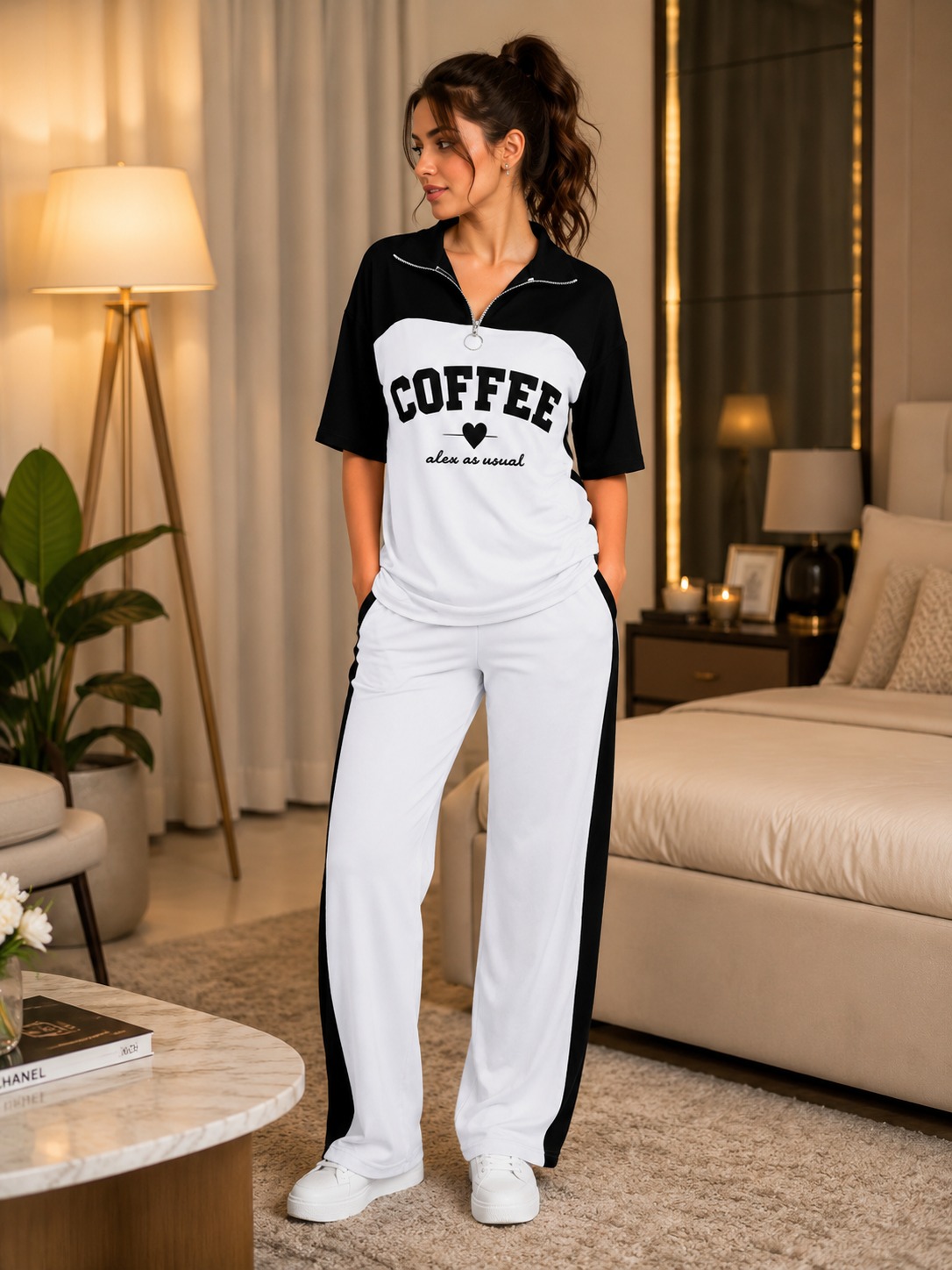 Women’s Stylish ‘COFFEE’ Graphic Co-ord Set | Crisp White & Black Half-Zip Loungewear | Comfortable Athleisure Two-Piece Set