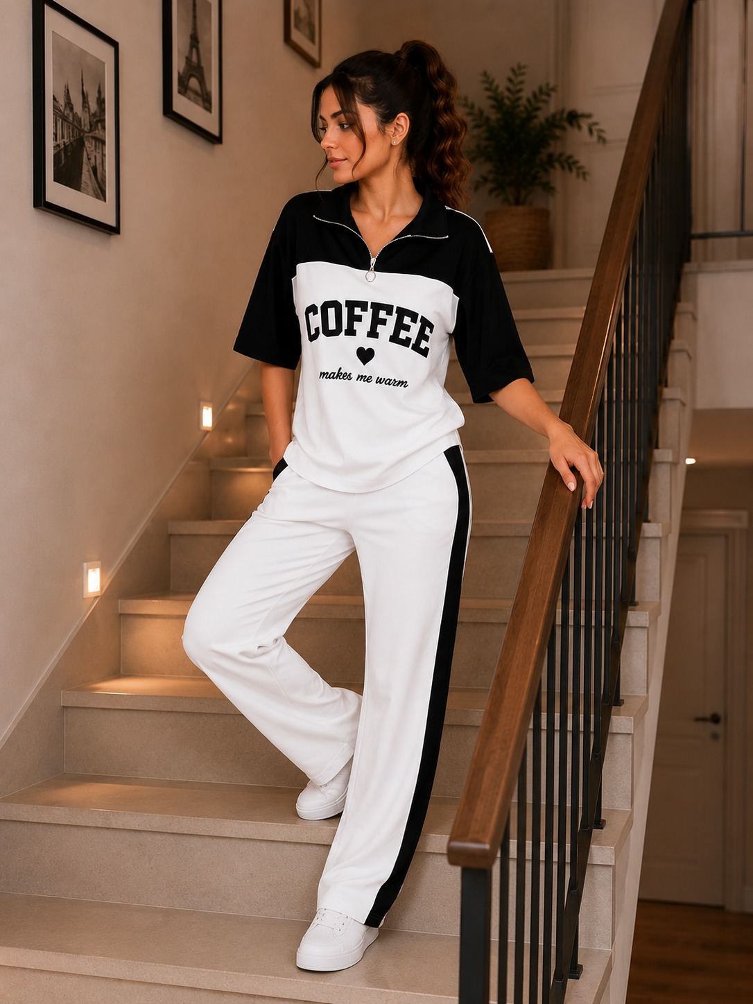 Women’s Stylish ‘COFFEE’ Graphic Co-ord Set | Crisp White & Black Half-Zip Loungewear | Comfortable Athleisure Two-Piece Set
