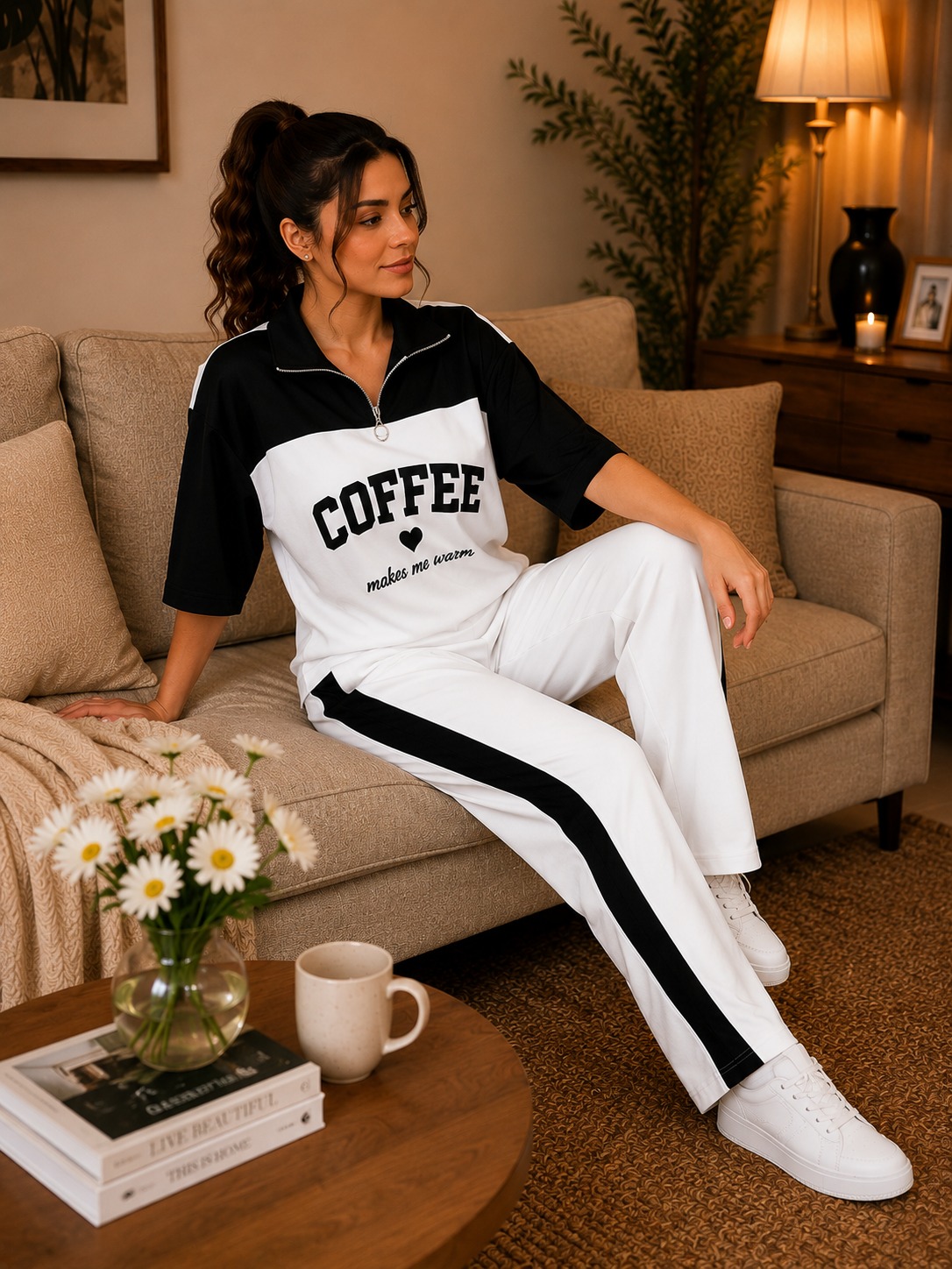Women’s Stylish ‘COFFEE’ Graphic Co-ord Set | Crisp White & Black Half-Zip Loungewear | Comfortable Athleisure Two-Piece Set